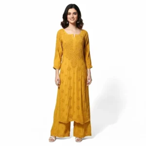 chikankari Kurti Set Modal Spanish Yellow