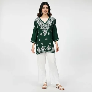 Chikankari Short Kurti Green