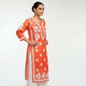 Chikankari Chanderi Kurti Orange