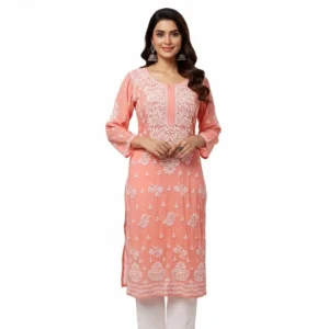 Chikankari Muslin Kurti  Peach
