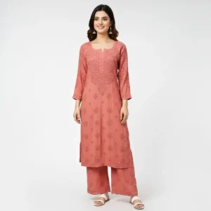 chikankari Kurti Set Modal Bright Red