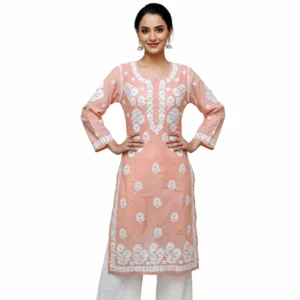 Chikankari Chanderi Kurti Peach