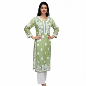 Chikankari Chanderi Kurti Green
