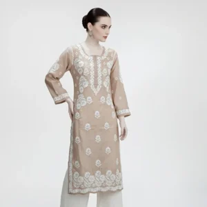 Chikankari Chanderi Kurti Beige
