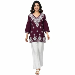 Chikankari Short Kurti Maroon
