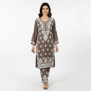 Chikankari Kurti Set Modal Spice Brown