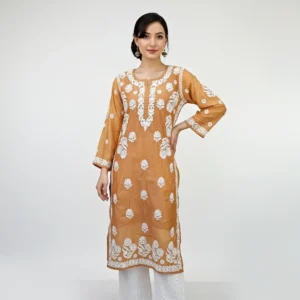 Chikankari Chanderi Kurti Brown