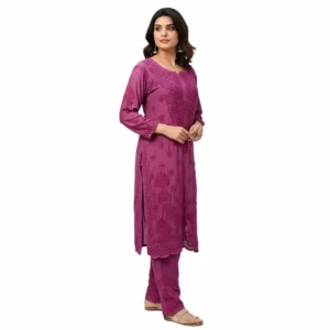 Chikankari Kurti Set Muslin 1 Orchid