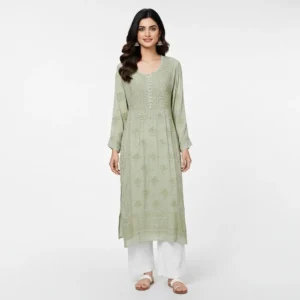 Chilkankari Viscose Georgette Kurti Olive Green