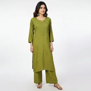Chikankari Rayon Kurti Set Green