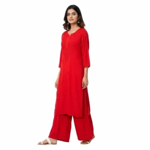 Chikankari Rayon Kurti Set Red