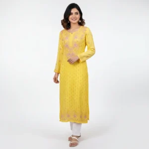Chikankari Georgette Long Kurti Beige Mustard Yellow