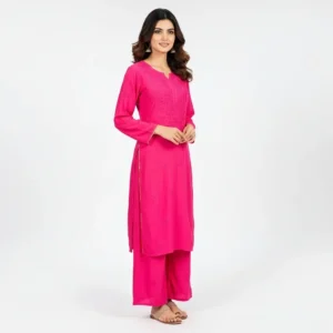 Chikankari Rayon Kurti Set Pink