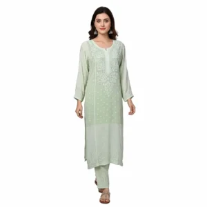 Chikankari Georgette Long Kurti Aqua Grey