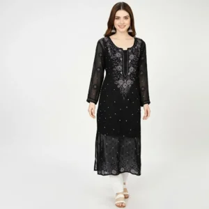 Chikankari Georgette Long Kurti Black