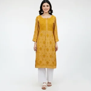 Chikankari Muslin Kurti Mustard Yellow