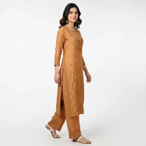 Chikankari Muslin Kurti Set Brown