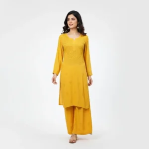 Chikankari Rayon Kurti Set Yellow