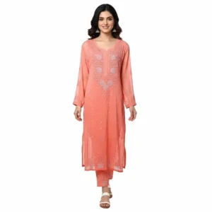 Chikankari Georgette Long Kurti Coral