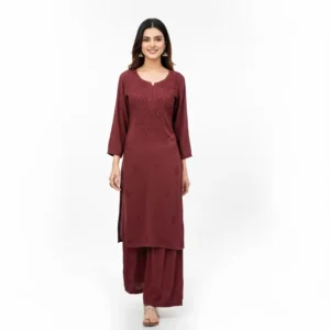 Chikankari Rayon Kurti Set Brown