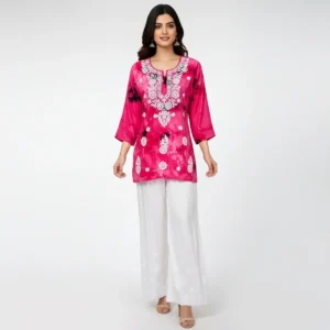 Chikankari Short Kurti Printed Bright Pink
