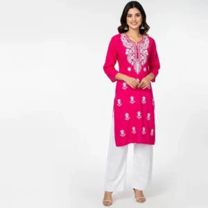 Chikankari Short Kurti Emb Bright Pink