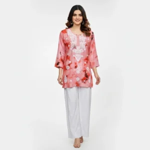 Chikankari Short Kurti Printed Pink