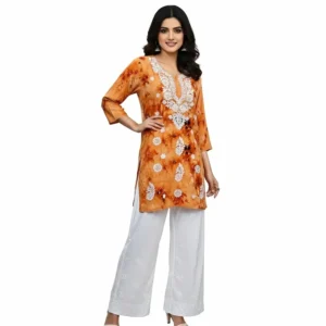 Chikankari Short Kurti Printed Orange